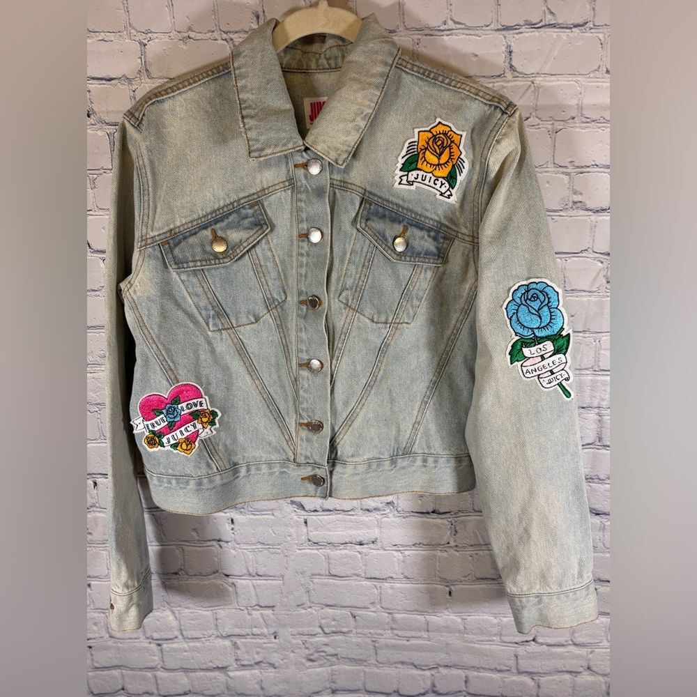 Juicy Couture Cabana Wash Tattoo Patch Distressed Cropped Urban Denim Jacket S